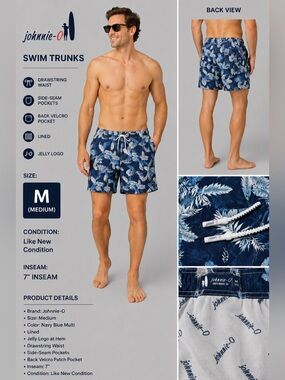 Johnnie-O Navy Tropical Print Swim Trunks Men’s Size Medium 7” Inseam Lined